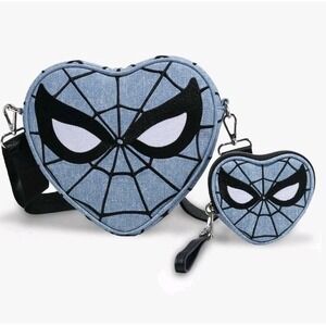 Loungefly Marvel Spider-Man Mask Denim Heart Shaped Crossbody/ Coin Bag Wristlet